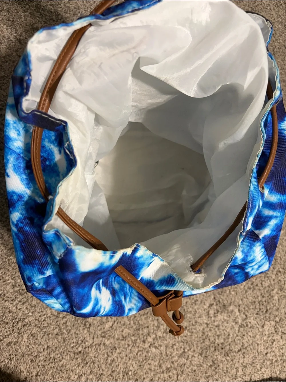 Blue Tie-Dye Canvas Backpack with Brown Trim